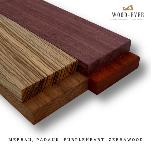 Hardwood Mix- S4S - 3/4" x 4" Merbau, Padauk, Purpleheart, Zebrawood 4-Pack